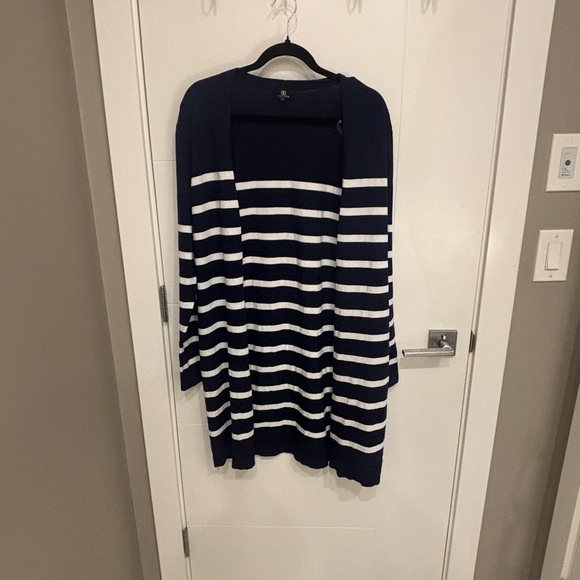Sweaters - Striped Open-Front Navy and White Women's Cardigan Sweater